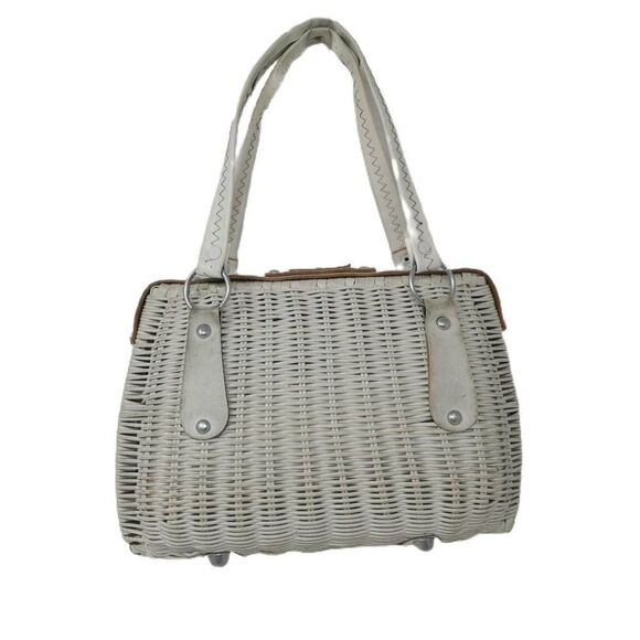 Vintage White & Tan Weaved Wicker Basket Purse | Silver Turn Lock | Le Jule - Picture 2 of 5